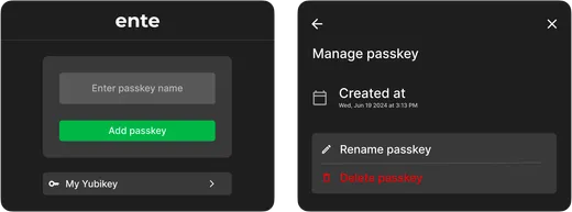 Screenshot of passkeys on Ente