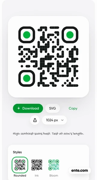 The ente qr share sheet opening on a phone, turning a QR code into a green story card that reads See you there.