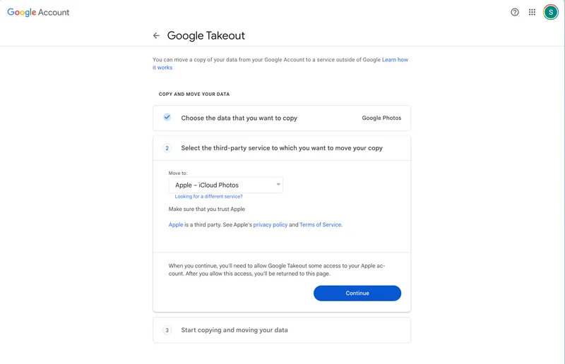 Second step of transferring from Google Photos to Apple Photos