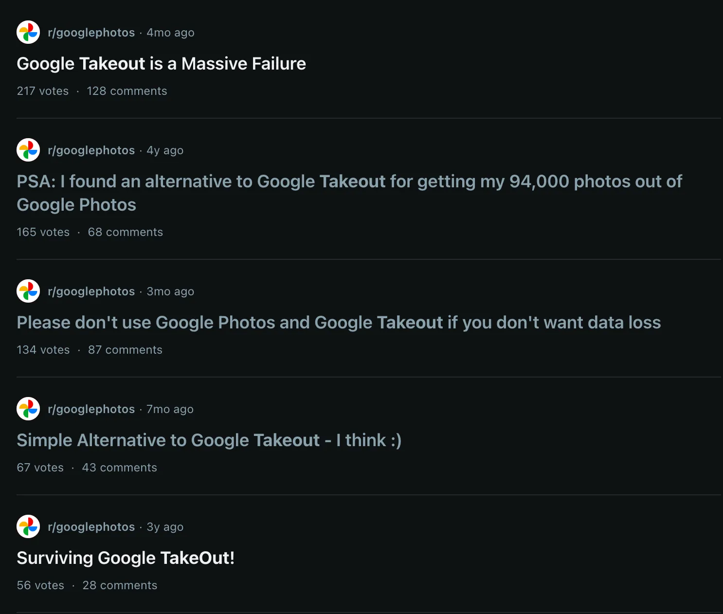 Screenshot from Google Photos subreddit indicating the large number of threads complaining about Takeout