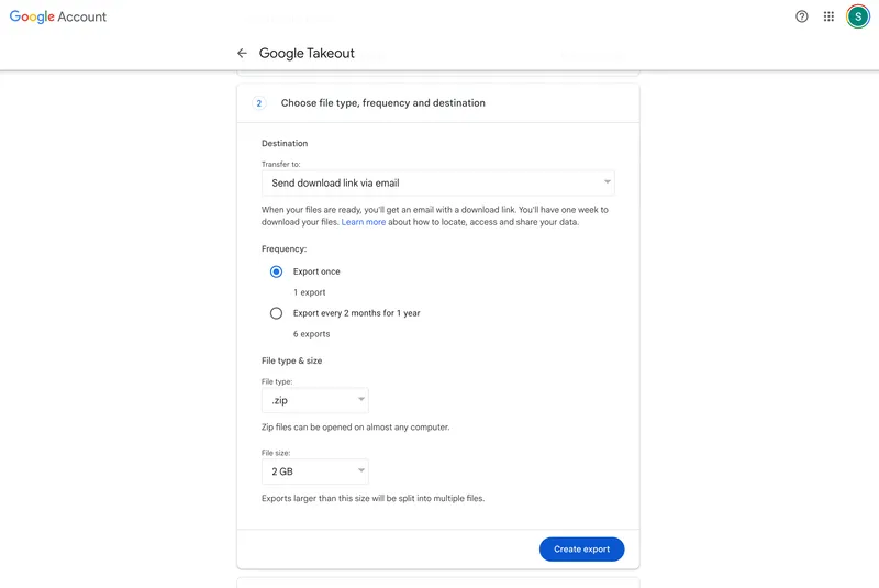 Third step of exporting Zips from Google Photos via Takeout
