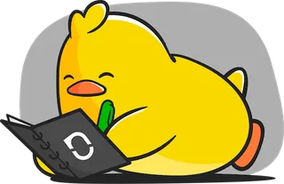 Ducky writing in a notebook with the Notesnook logo