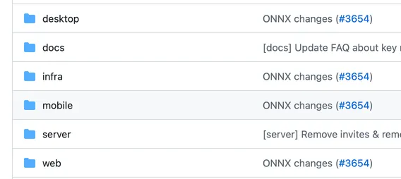 Screenshot of the GitHub view of a pull request that changed multiple subsystems in Ente's repository