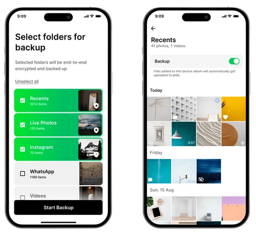 Ente Photos app showing selective album backup settings