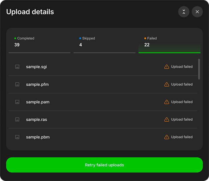Failed upload details with the retry button