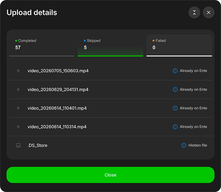 Upload details shown after stopping an upload