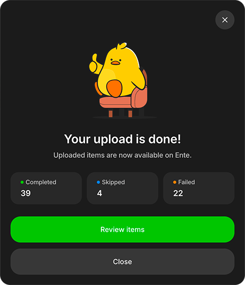 Completed upload summary with skipped and failed items