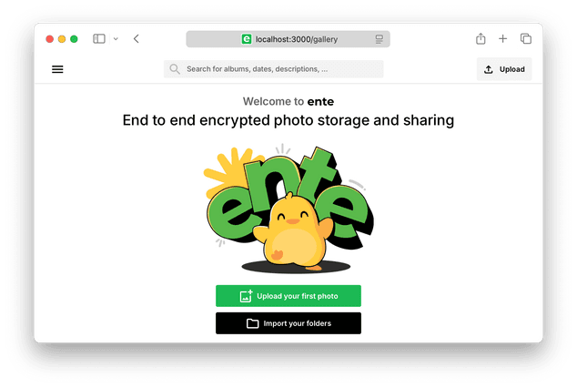 Screenshot of the browser running self hosted Ente web app